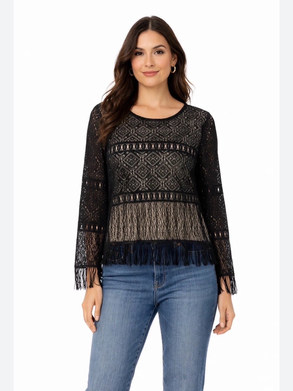 Mix It Black Lace Fringe Boho Blouse Long Sleeve Sheer Overlay Lined Top Size L - Picture 4 of 11
